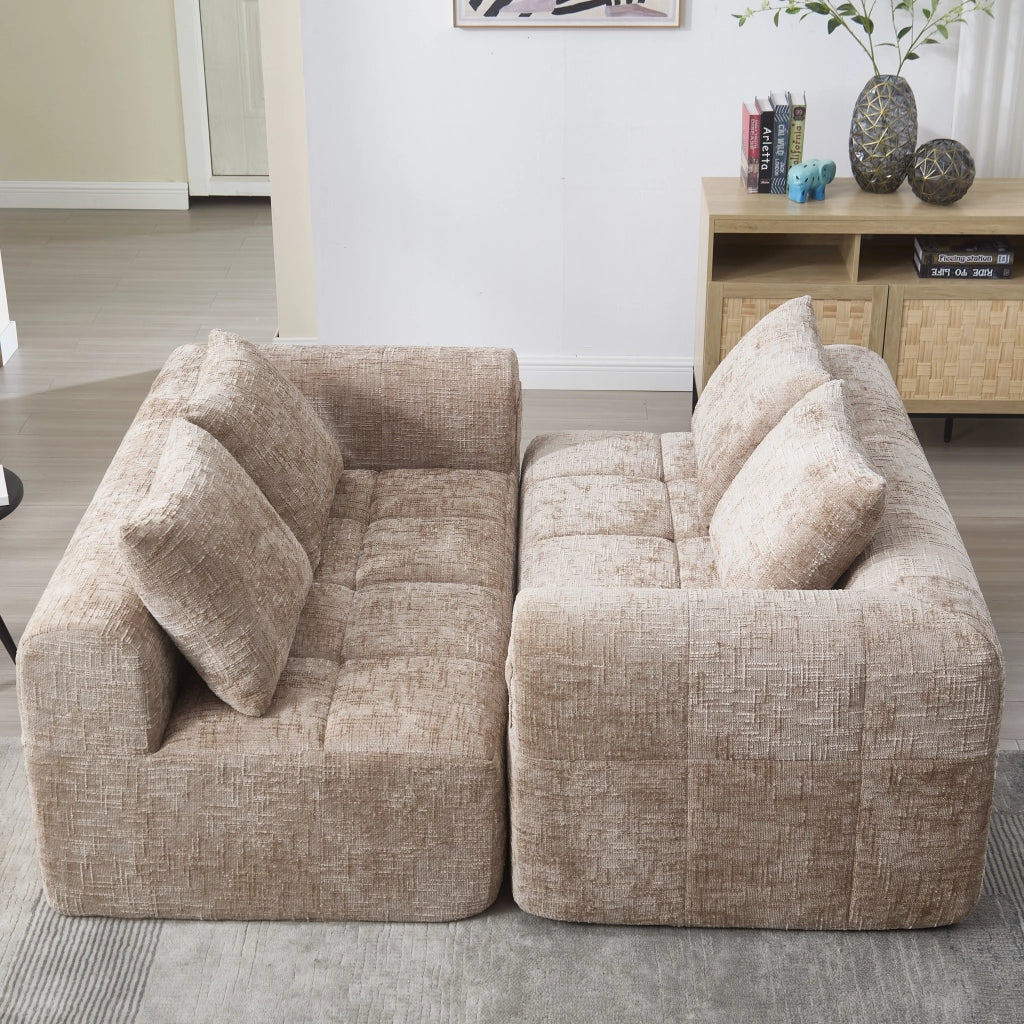 Divano Lineare 2 Posti con Tasche Laterali e Cuscino Comfort Imbottitura a Ritorno Rapido Design Moderno in Ciniglia Color Cachi