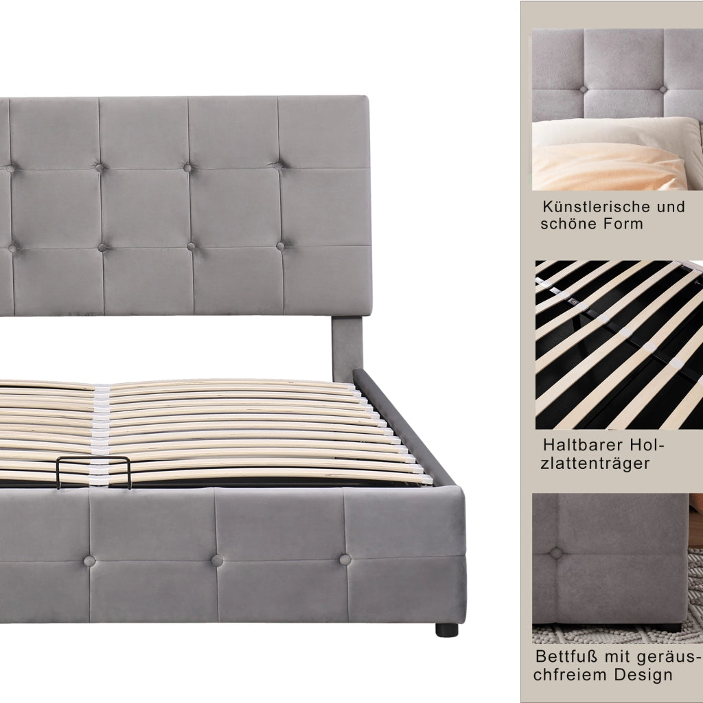 LETTO Contenitore 140x200 cm in Velluto Grigio con rete a doghe