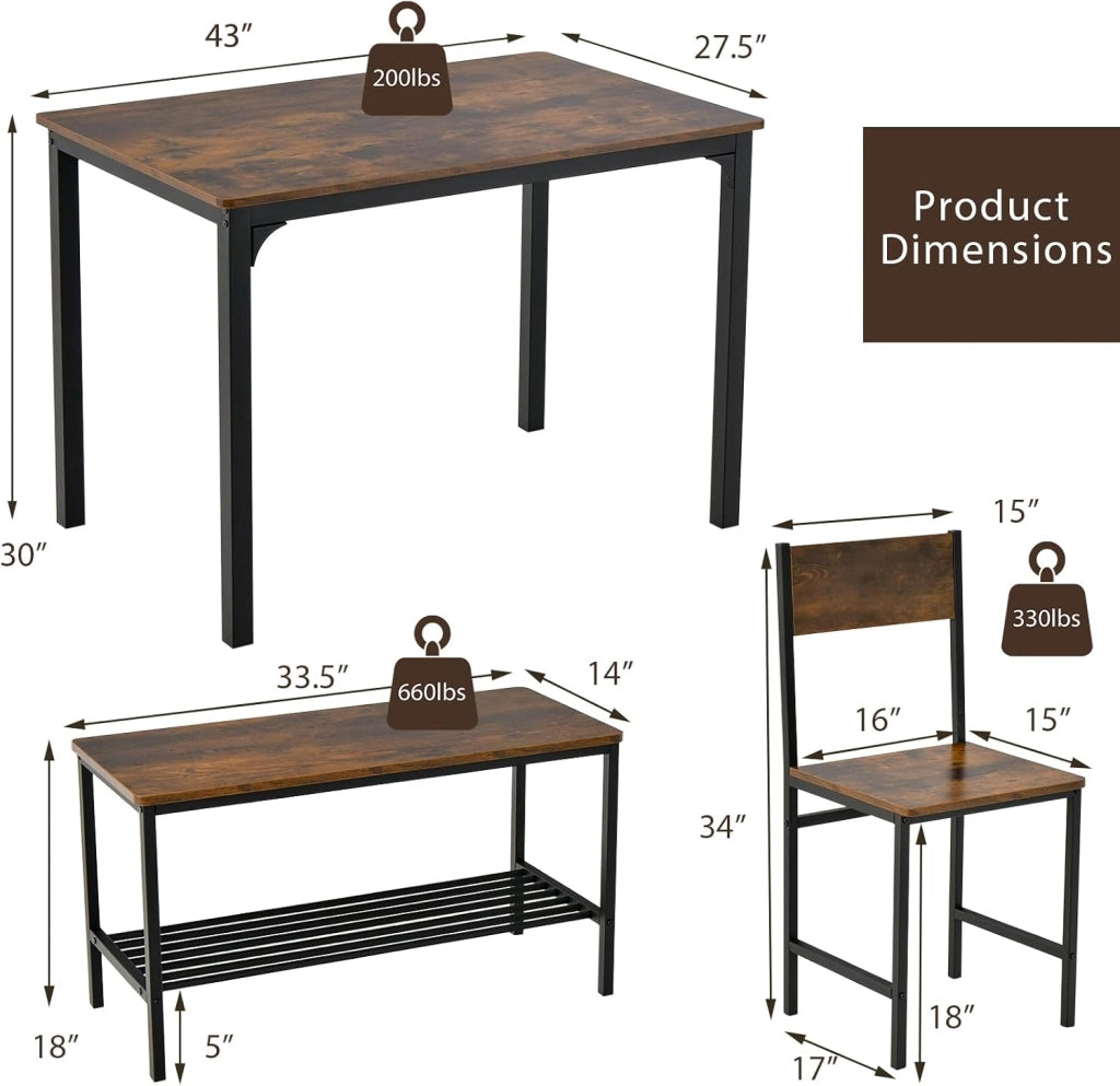 Set di tavolo da pranzo per 4, tavolo da cucina con 2 sedie e 1 panca, set da pranzo industriale con struttura in metallo e scaffale, set da pranzo moderno e funzionale (caffè)