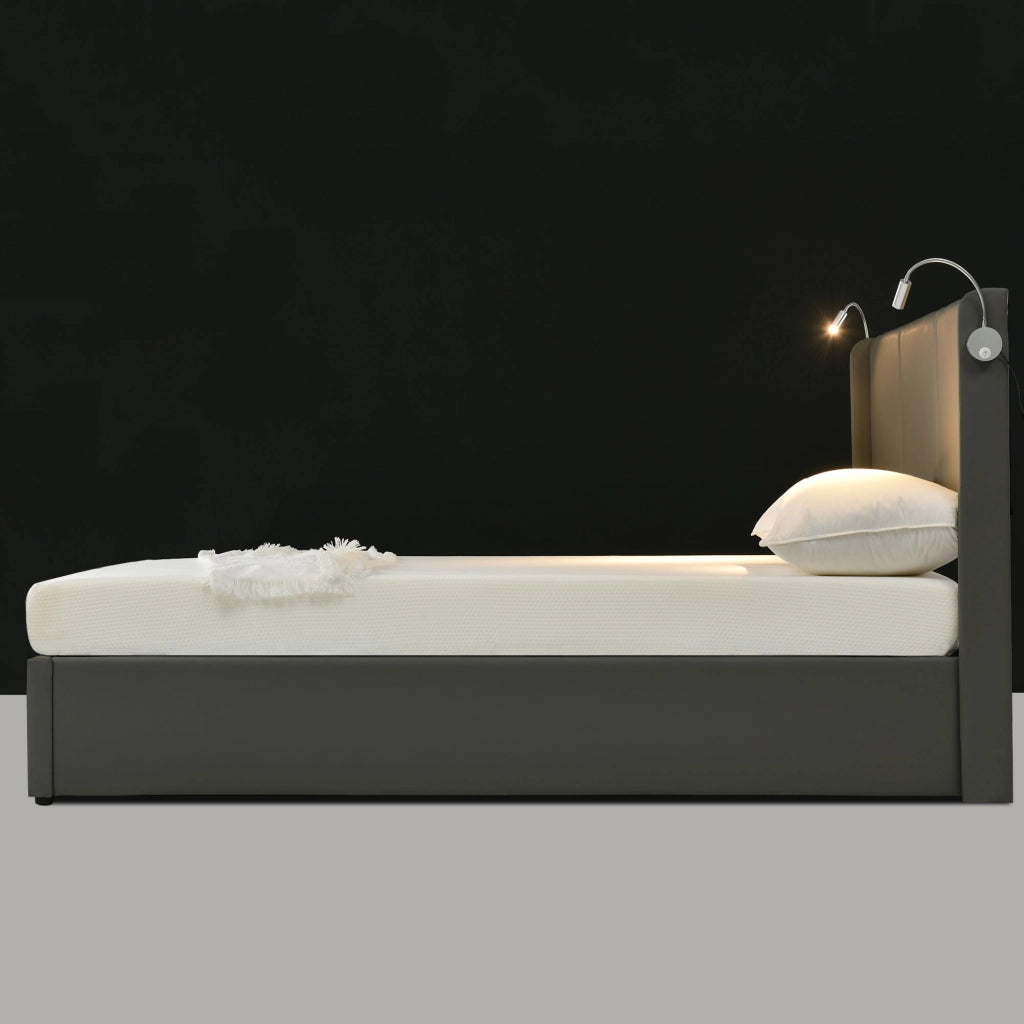 OKWISH Letto Contenitore 140×200 cm, Letto Matrimoniale con Vano, Lampada da Lettura, USB e Tipo C, senza Materasso, in PU, Grigio