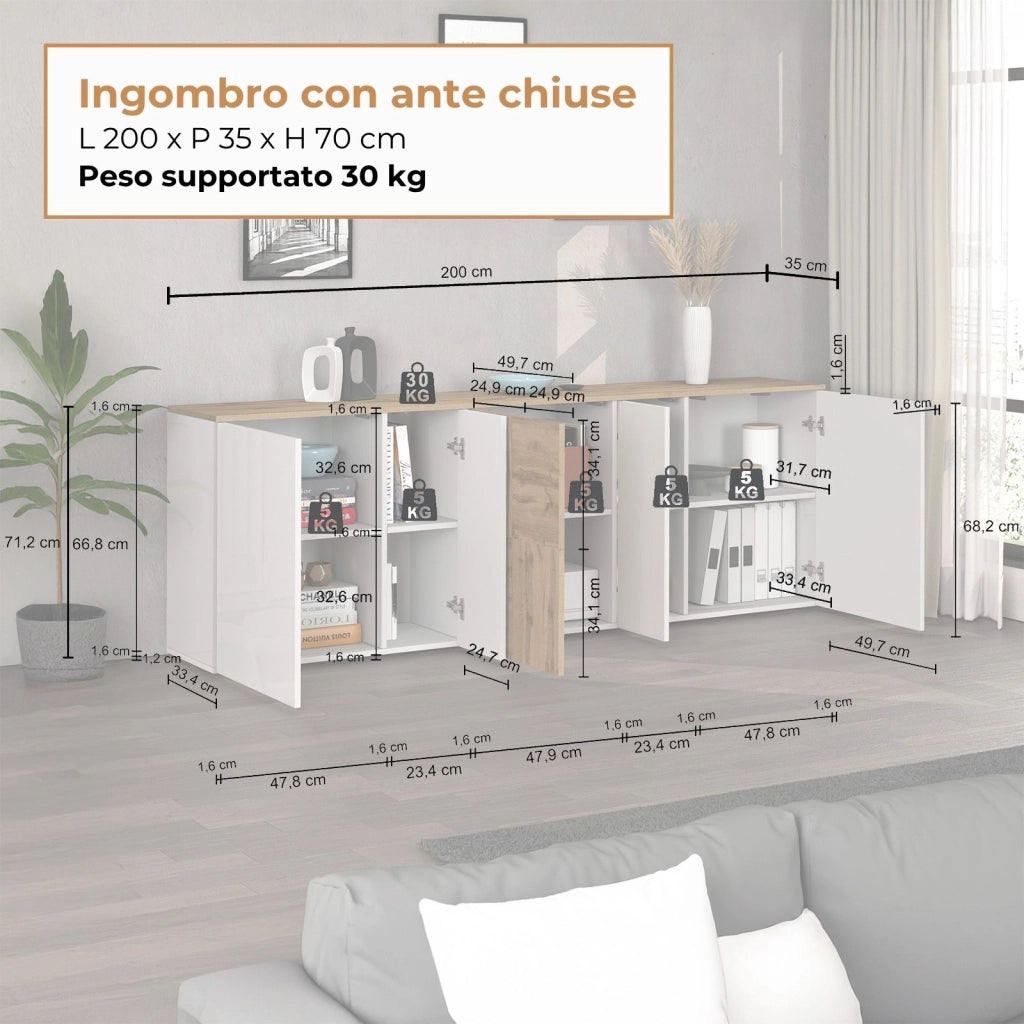 WHOUS Credenza sospesa Iseo con 5 ante e 10 scomparti interni bianco lucido e rovere 200x35x70 cm