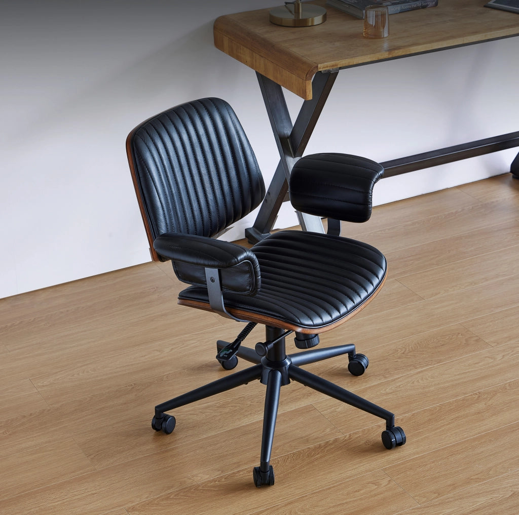 Sedia da Ufficio Girevole in Pelle con Braccioli in Quercia e Ruote, Altezza Regolabile, Design Ergonomico