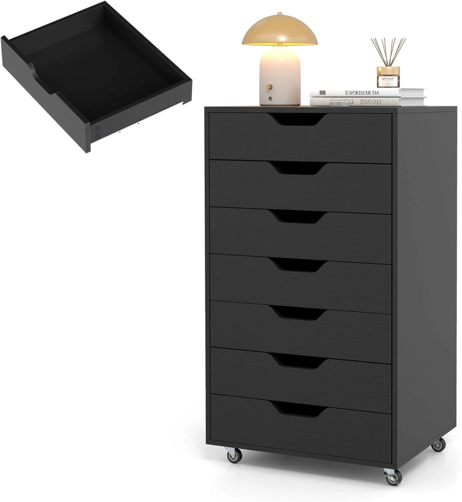Cassettiera Ufficio con 7 Cassetti, Cassettiera Scrivania con 4 Ruote Bloccabili, Schedario Portadocumenti in Legno, per Stampante per Studio, Camera da Letto, 49 x 40 x 87 cm (Nero)
