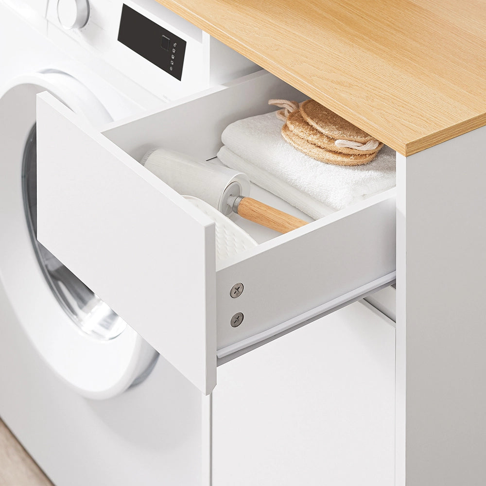 SoBuy Mobile per lavatrice – Armadio da bagno con cesto portabiancheria e cassetto, per lavatrice e asciugatrice, Mobiletto salvaspazio legno, Bianco,100×60×90 cm, BZR217-WN