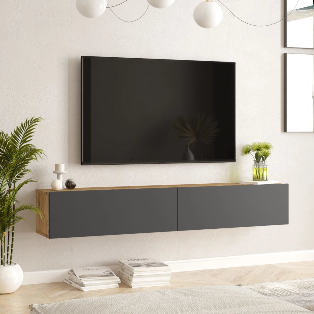 Mobile Porta TV Lapinlahti con 2 Ante a Ribalta Consolle da Parete 180 cm - Rovere Rustico/Antracite [en.casa]