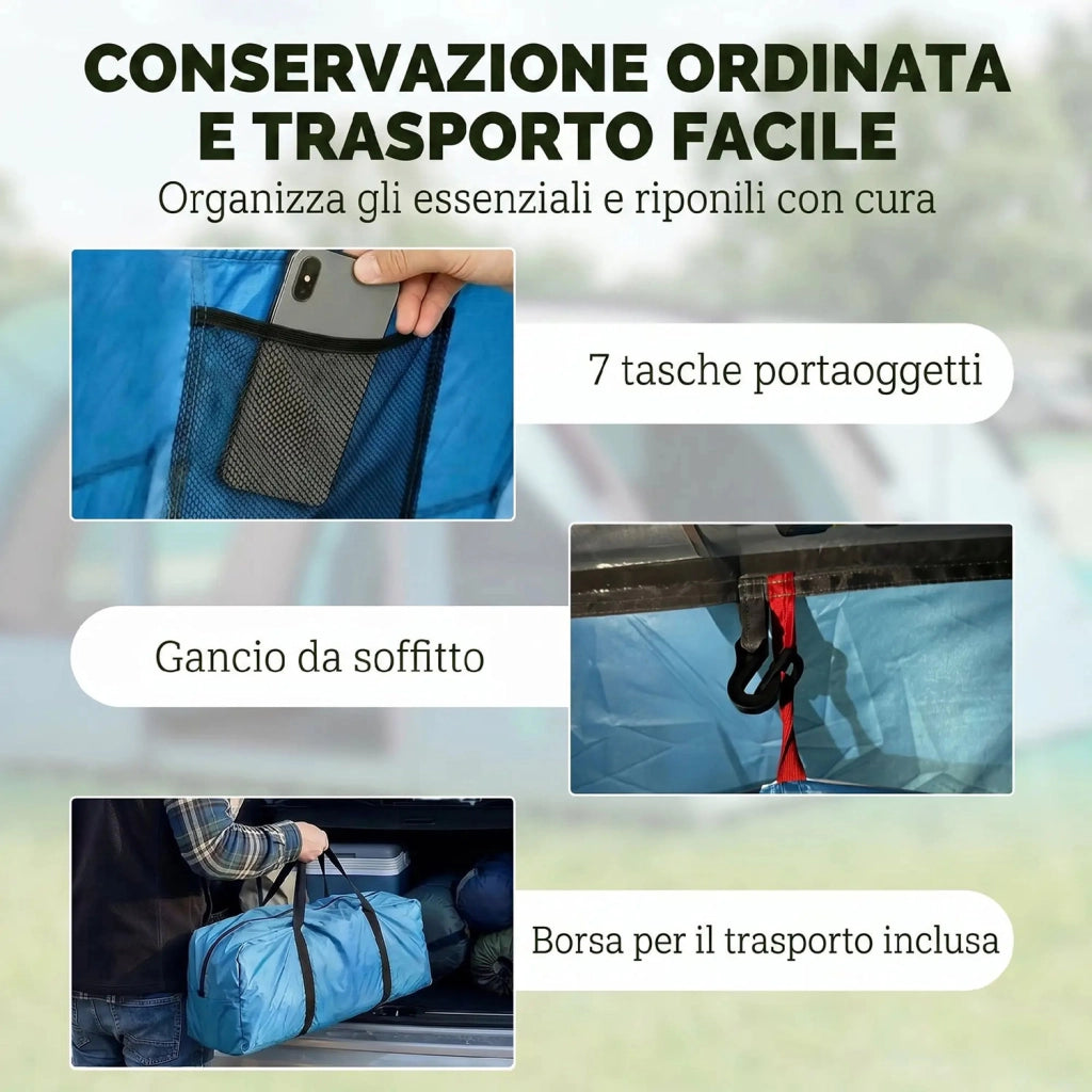 Tenda Campeggio a Tunnel per 2-4 Persone 565x370x200 cm con 2 Stanze Impermeabile 3000mm per Trekking Azzurro