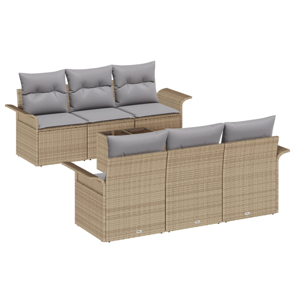 Set Divano da Giardino 7 Pezzi con Cuscini Beige Polyrattan