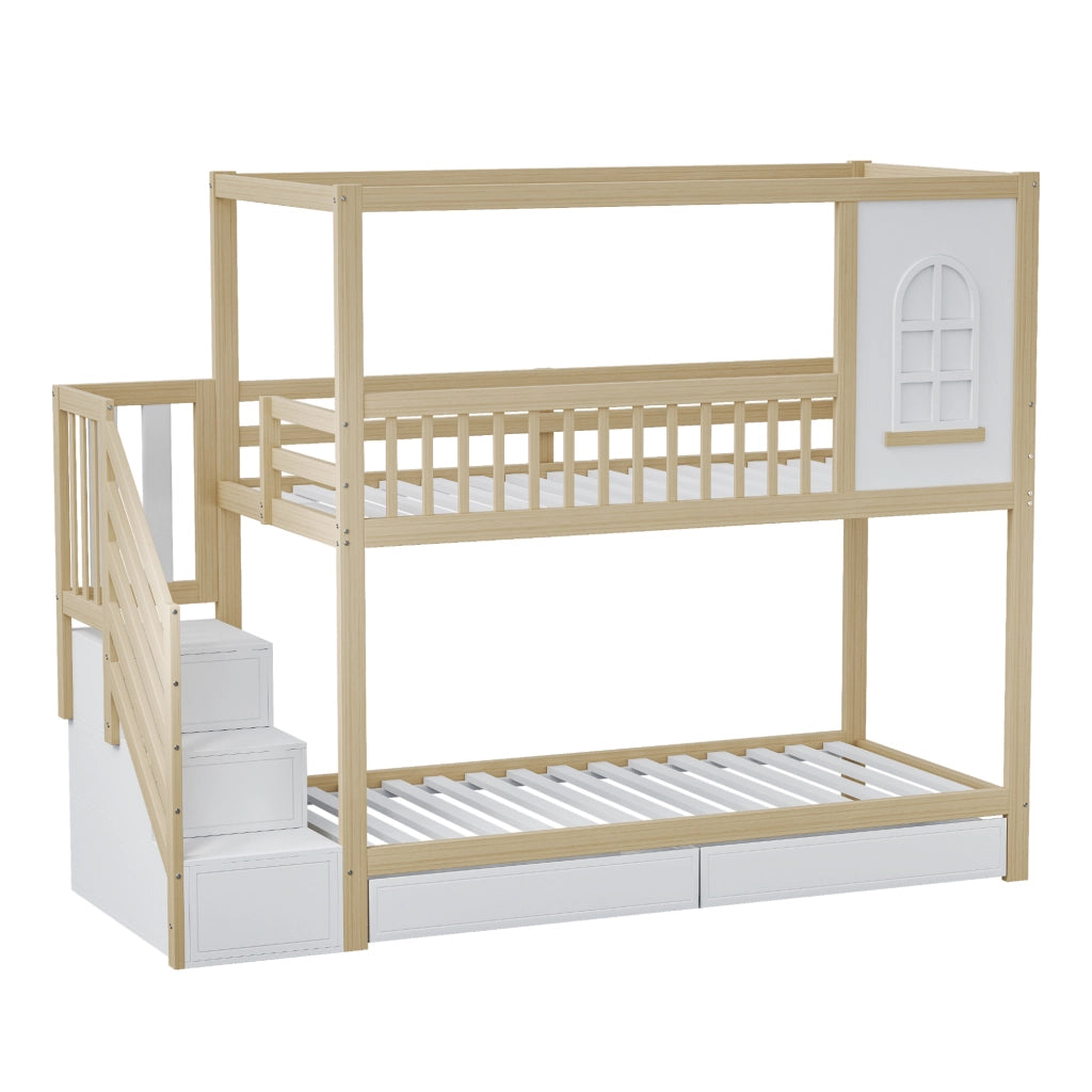 LETTO A CASTELLO 90x200 cm Legno naturale con scala e cassetti