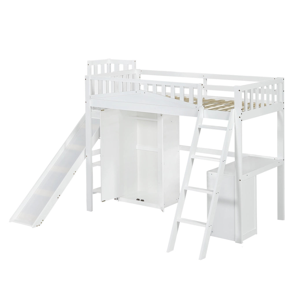 Letto a Castello Bambini con Scrivania e Armadio ¨C MINIMAL ¨C Pino/MDF/Multistrato, Bianco, 90x200