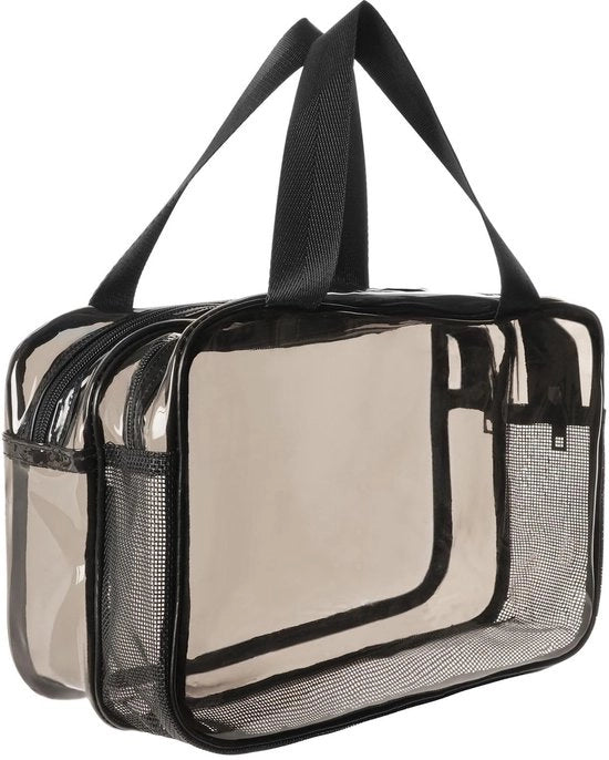 Borsa cosmetica trasparente, contenitori per bagno grandi, borsa con maniglia, borsa cosmetica trasparente, borsa per trucco con separazione per prodotti secchi e umidi, borsa per bagno portatile