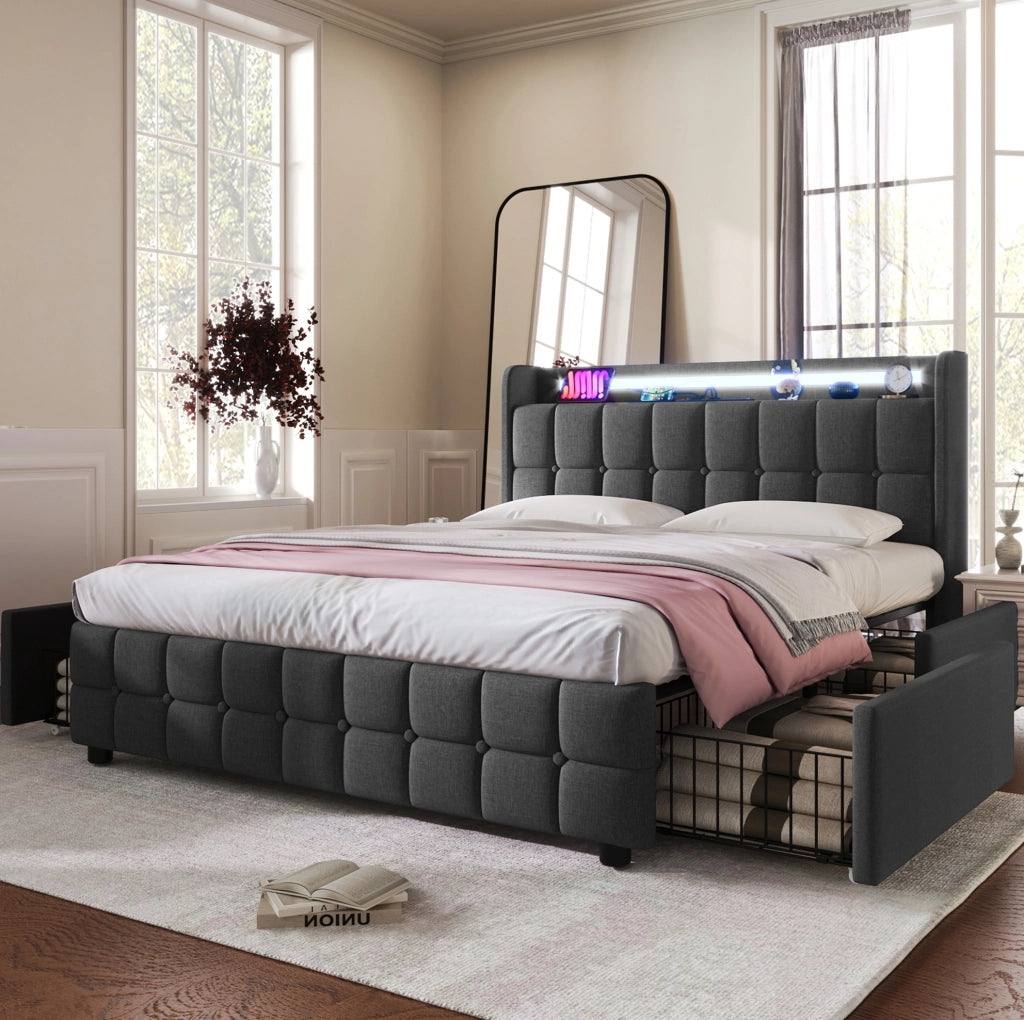 Letto matrimoniale 180x200 cm con USB; prese; LED e 4 cassetti; grigio