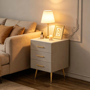 Comodino moderno in velluto grigio con 3 cassetti, struttura in MDF e gambe in metallo