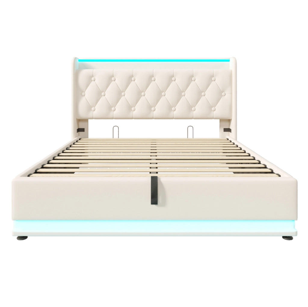 Letto matrimoniale imbottito LED 140x190 cm, PU bianco, rete contenitore idraulica, USB e Tipo-C