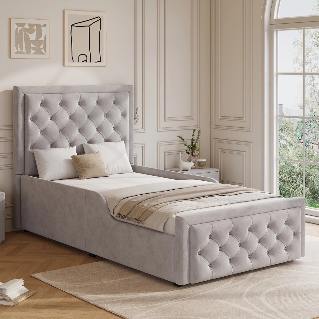 Letto per bambini imbottito 90x200 cm in velluto grigio con contenitore, rete a doghe e testiera trapuntata