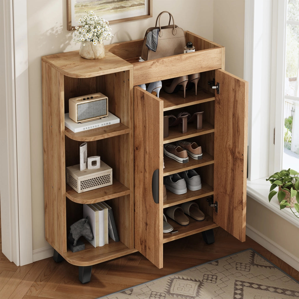 Scarpiera con vani aperti e 2 ante, ripiano superiore, per ingresso e corridoio, in truciolare, naturale, 80 × 32 × 99 cm