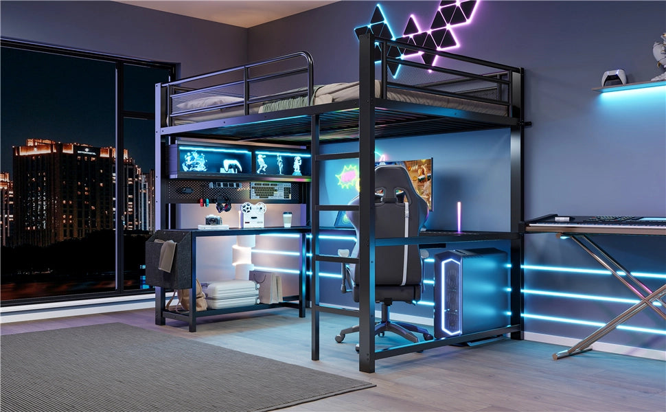 DESMIU Letto a soppalco 140 × 200 cm 2 posti con scrivania, LED, presa e USB, senza materasso, in MDF e metallo, nero