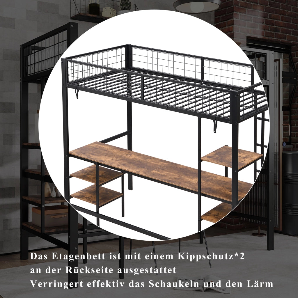 DESMIU Letto a Castello Singolo con Scrivania, Scaffali e Scala a 4 Gradini 90 × 200 cm, Senza Materasso, Nero