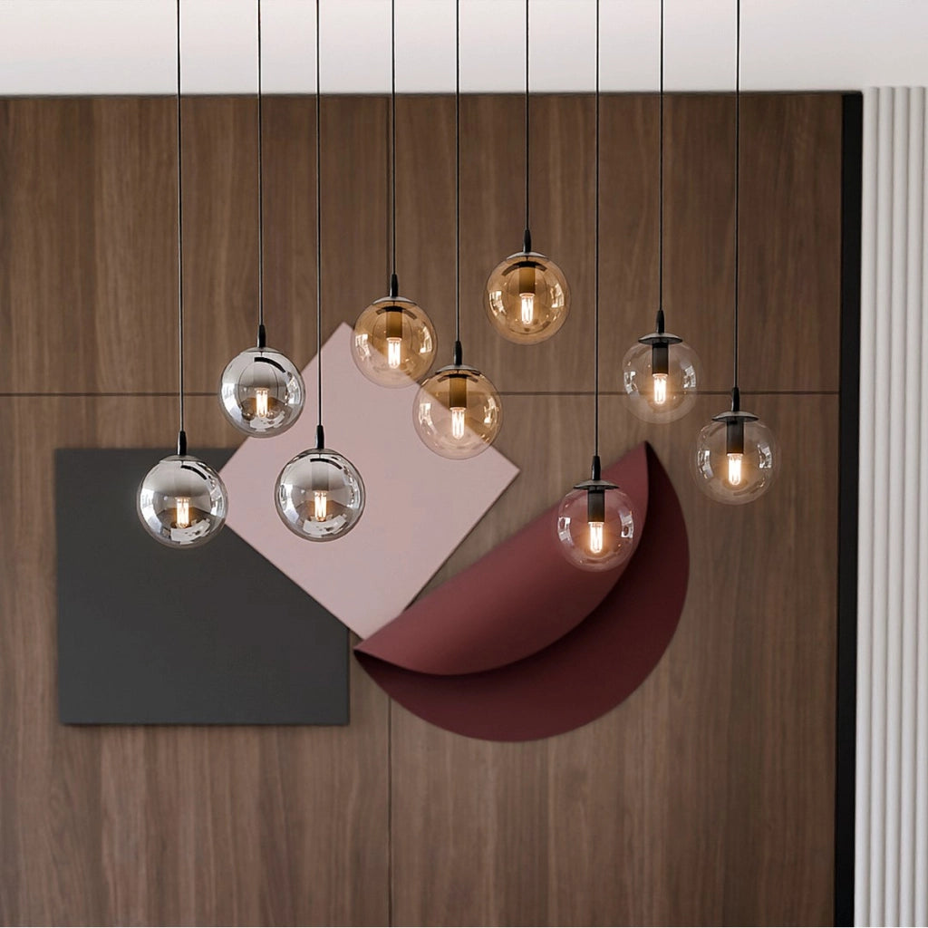 Lampada a sospensione Cosmo in acciaio nero con diffusori in vetro