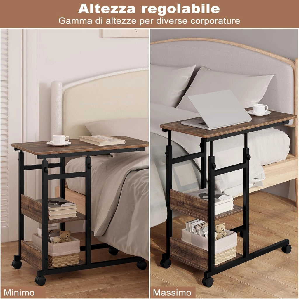 Tavolino da Salotto a Forma di C, Tavolino da Caffè a 3 Livelli, Tavolo Divano Regolabile in Altezza con Ruote Universali, in Legno e Metallo, Rovere vintage + Nero, BTS08hov