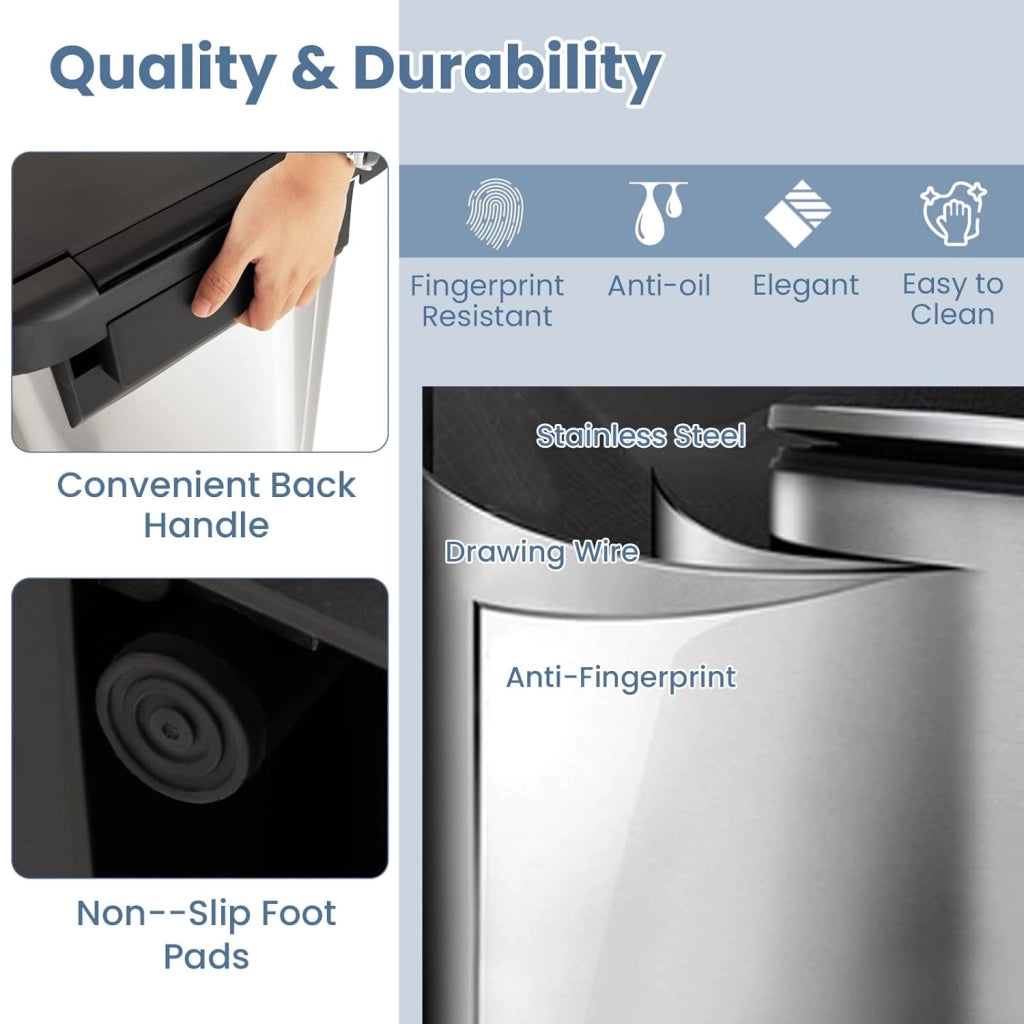 Pattumiera da Cucina da 50 L, con Coperchio e Pedale, in Acciaio Inox e Plastica, con Scomparto per Deodorazione, 41 x 39 x 61 cm (Argento, 68l)