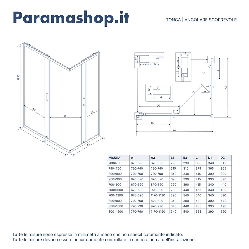 Box doccia 80x100 cm angolare scorrevole profili nero opaco vetro 6mm trasparente h185 | Tonga