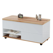 Tavolino da Salotto Sollevabile con 1 Cassetto; 1 Armadietto e 2 Ripiani; con Ruote; Stile Moderno; in Pannello Truciolare; Bianco e Legno; 100×98×65 cm