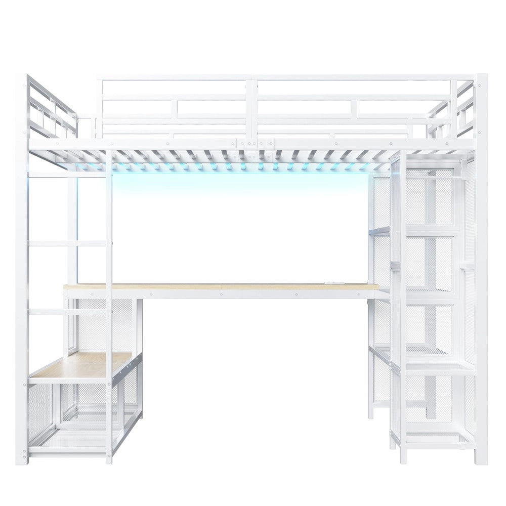 Letto a Soppalco con Contenitore e Armadio ¨C MINIMAL ¨C Metallo Bianco 140x200 LED USB