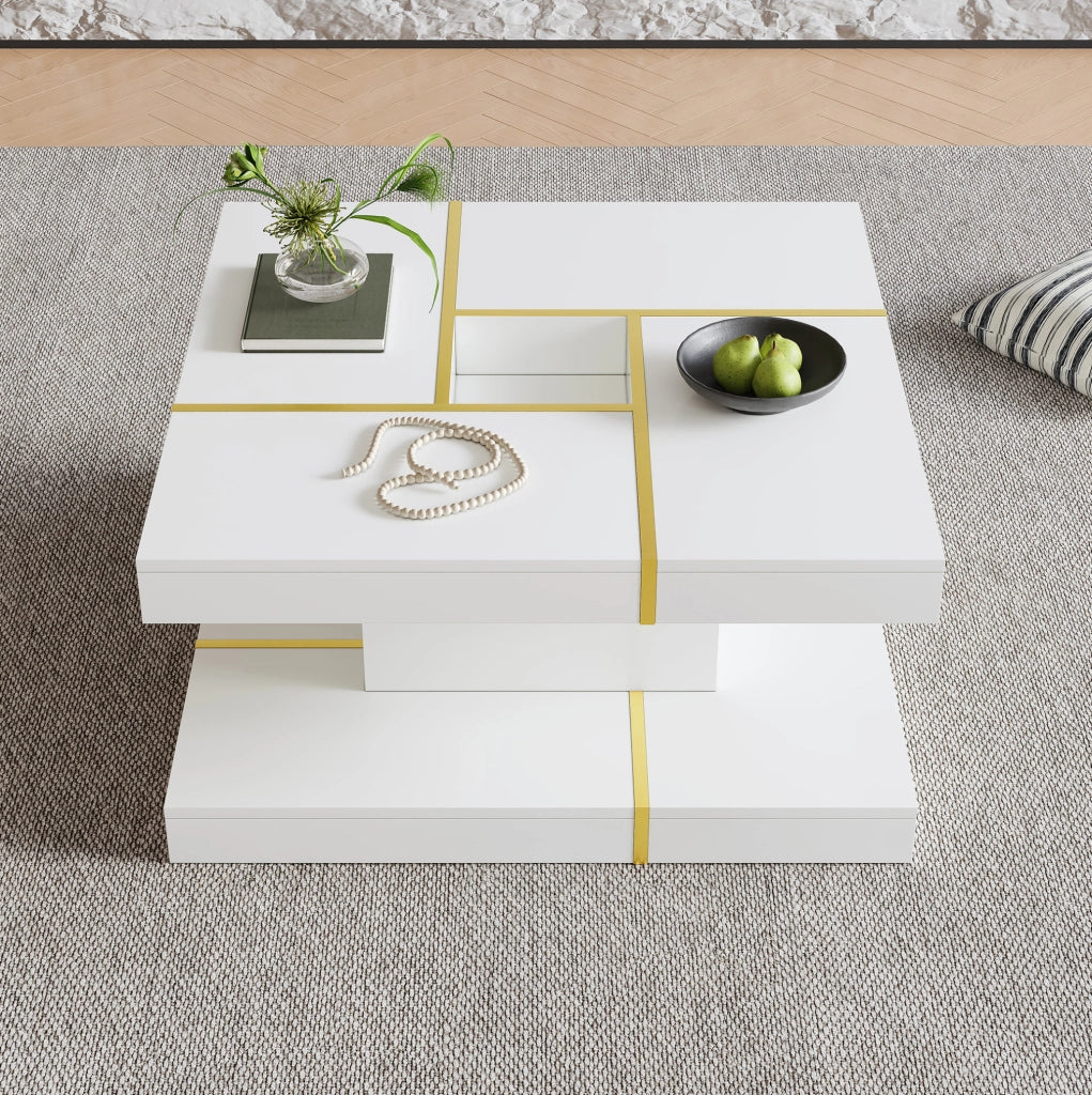 Tavolino da caffè a 2 livelli bianco 80x80 cm con dettagli dorati