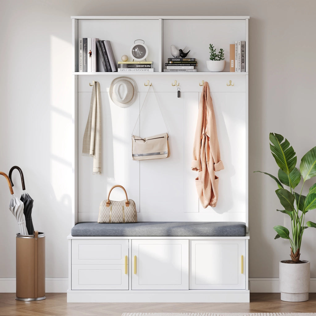 Garderoba da ingresso con panca e scarpiera; 6 ganci; 120x40x191 cm; bianco