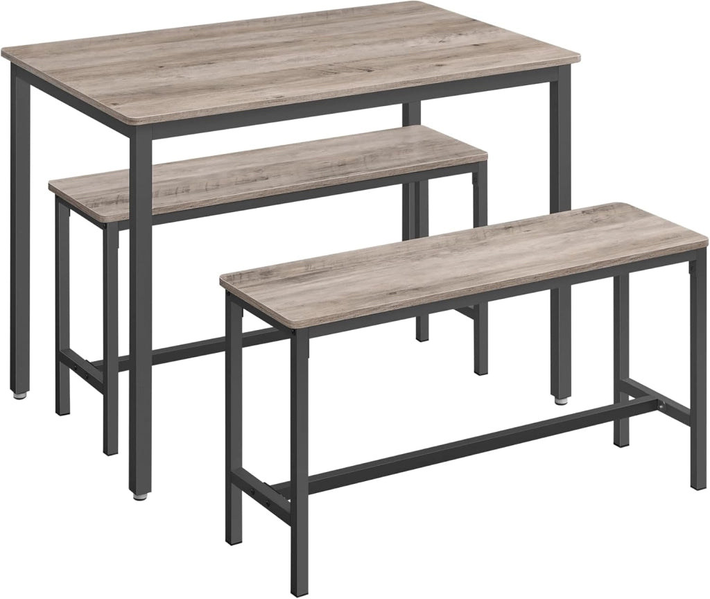 VASAGLE Tavolino da Pranzo con 2 Panche, Set di 3 Pezzi, Tavolo da Cucina 70 x 110 x 75 cm, 2 Panche 30 x 97 x 50 cm, Struttura in Acciaio, Marrone Vintage e Nero KDT070B01