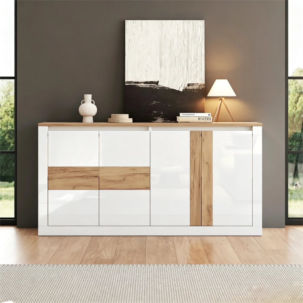 Credenza e madia con 4 ante, ripiani regolabili e LED RGB, per soggiorno e ingresso, in MDF, bianco, 140 × 35 × 70 cm