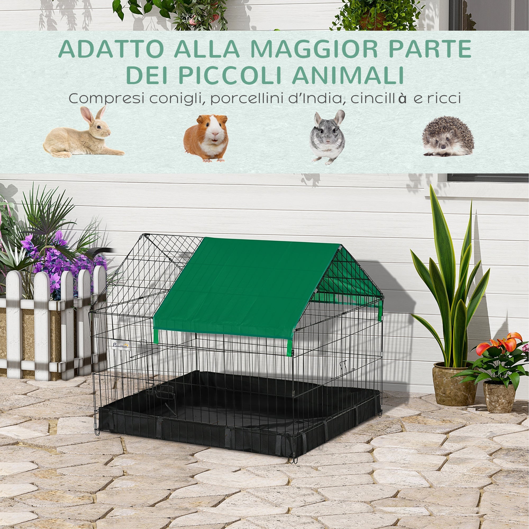 Gabbia per Conigli e Roditori 90x75x75 cm in Metallo e Tessuto Oxford Nero e Verde