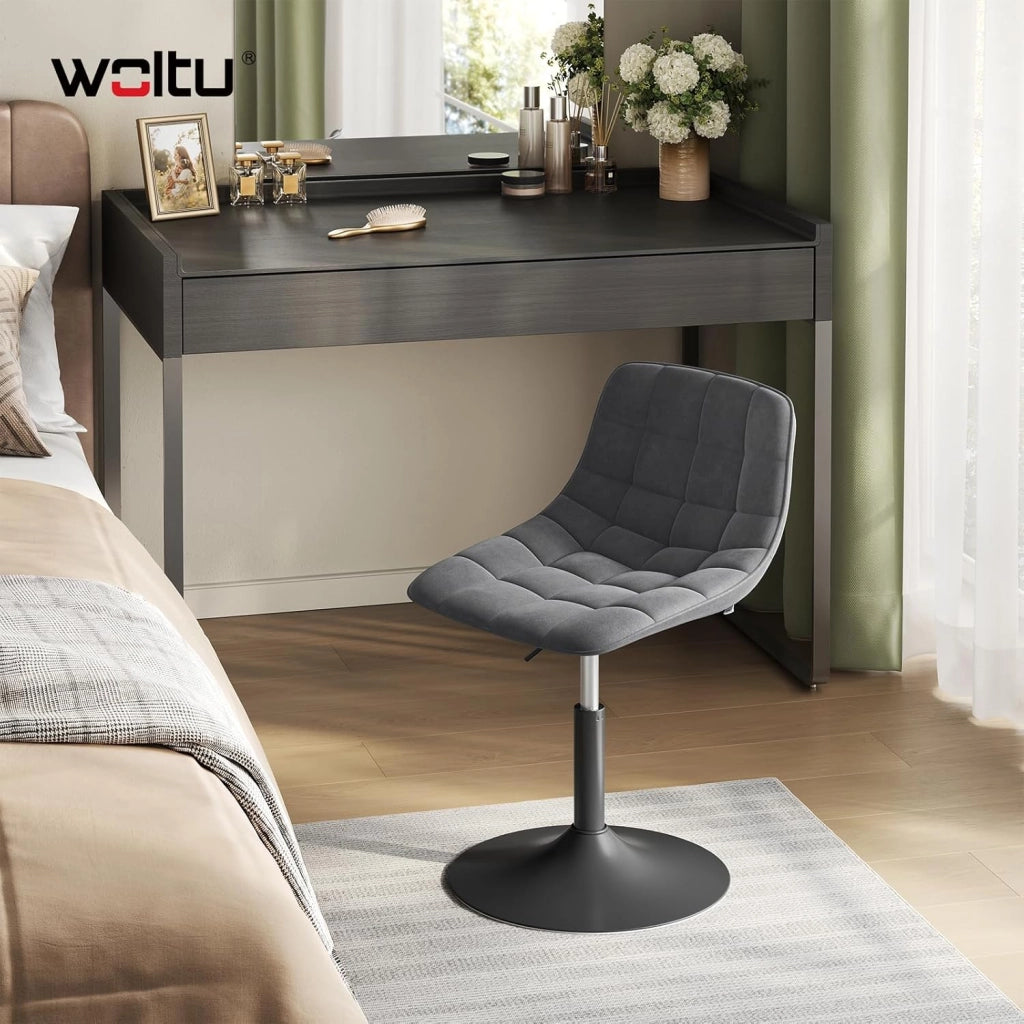 Sgabello da Trucco Sedia Alta da Cucina con Schienale Altezza Regolabile Girevole 360° in Velluto Grigio Scuro, 38-49.5cm
