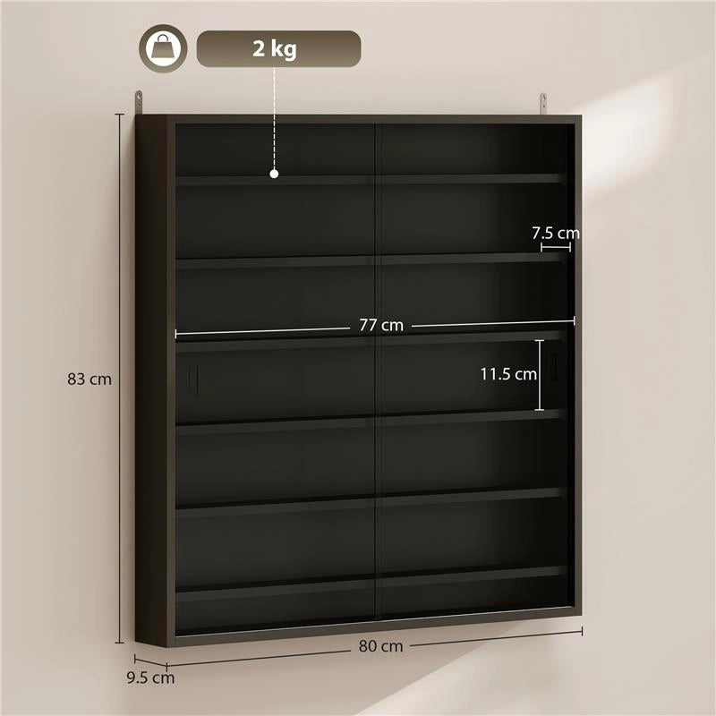 BACHECA PORTAOGGETTI A 6 RIPIANI REGOLABILI IN LEGNO CON ANTE IN VETRO, 80X9.5X83 CM, NERO