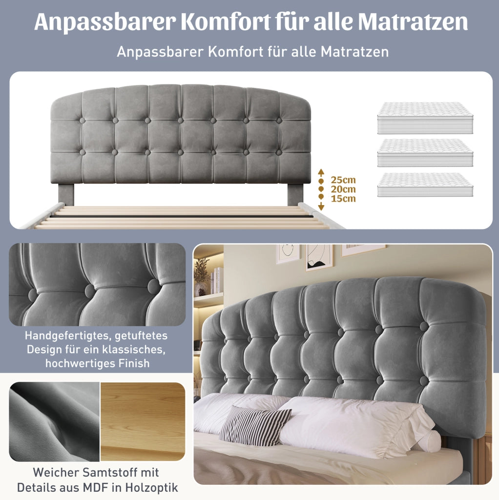 Letto imbottito 140x200 cm grigio con cassetti e rete a doghe
