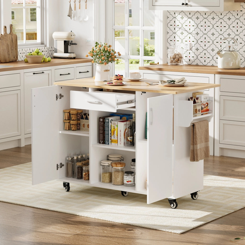 Isola da Cucina con Piano Pieghevole e Cassetto ¨C MINIMAL ¨C Bianco/Rovere, 92,9x120x43,5cm