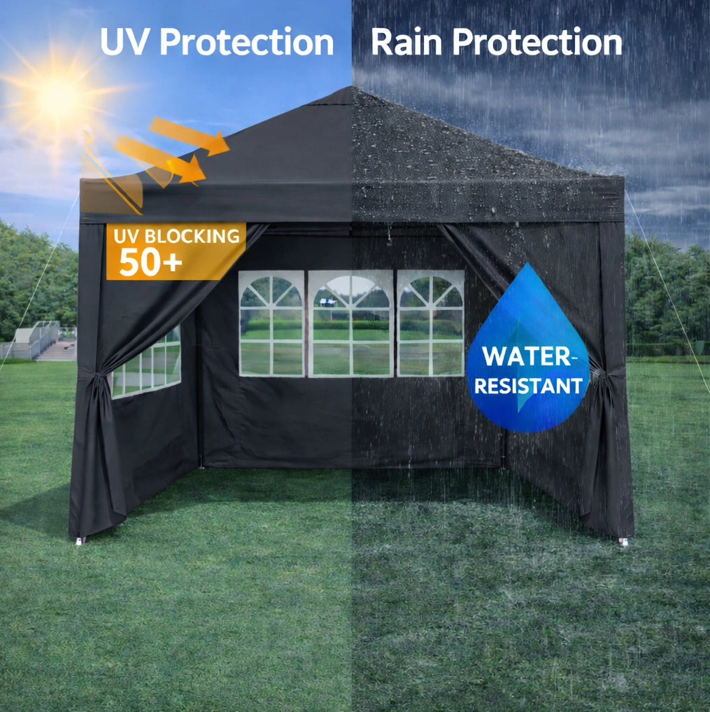Gazebo pieghevole 3 x 3 m nero con pareti e sacchi di sabbia