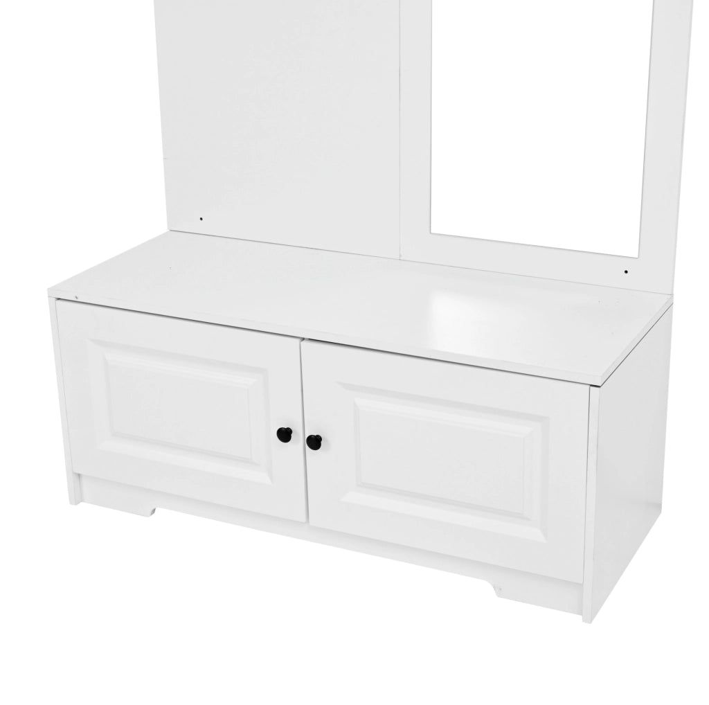 Mobile da ingresso 100x40x180 cm con specchio, 5 ganci e 2 armadietti in MDF bianco