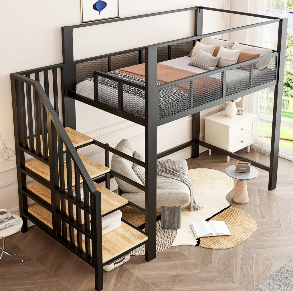 Letto a soppalco 90x200 cm con scala e baldacchino in metallo nero