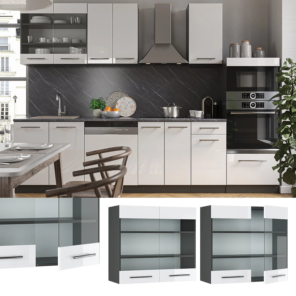 Mobile da cucina in vetro Fame-Line Bianco lucido/Antracite 80 cm Vicco