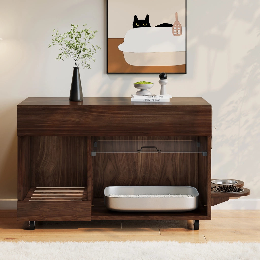 Mobile contenitore con 1 anta e 2 cassetti con vaschetta raccogli-sabbia e ruote; in MDF; noce; 100×45.5×67 cm