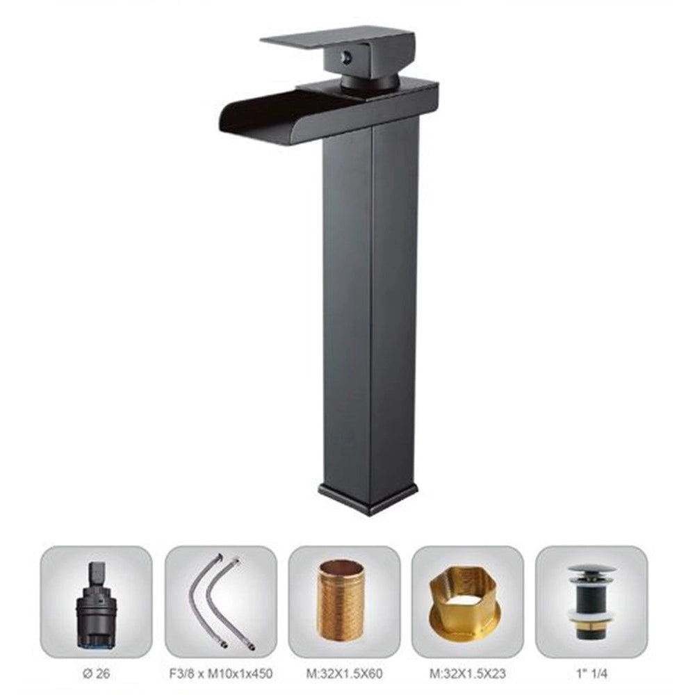 Trade Shop - Miscelatore A Cascata Nero Lavabo Bagno Rubinetto A Canna Alta Monocomando 87399 -