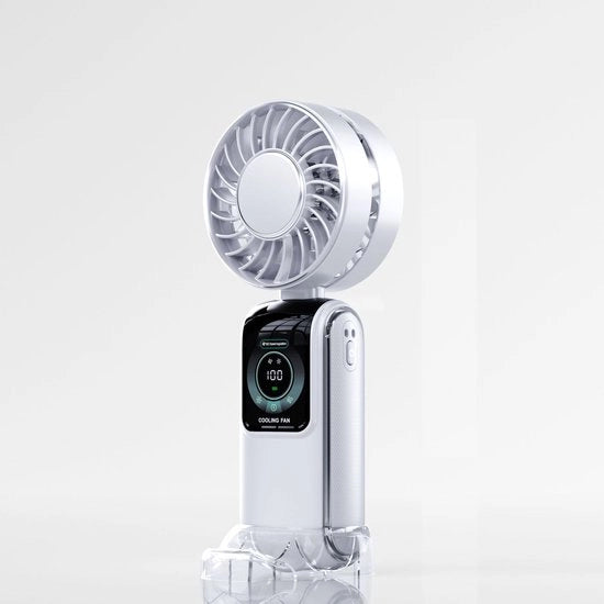 Ventilatore portatile in unico pezzo con maniglia e cinturino di trasporto, batteria ricaricabile USB-C, 5 velocità, display a LED, mini-ventilatore adatto per viaggi, spiagge, crociere, concerti e attività all'aperto.