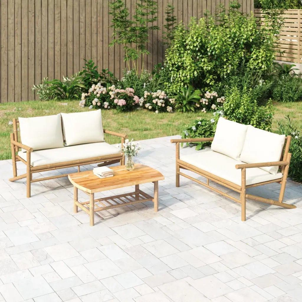 Set Salotto da Giardino 3pz con Cuscini Bianco Crema in Bambù 3156473