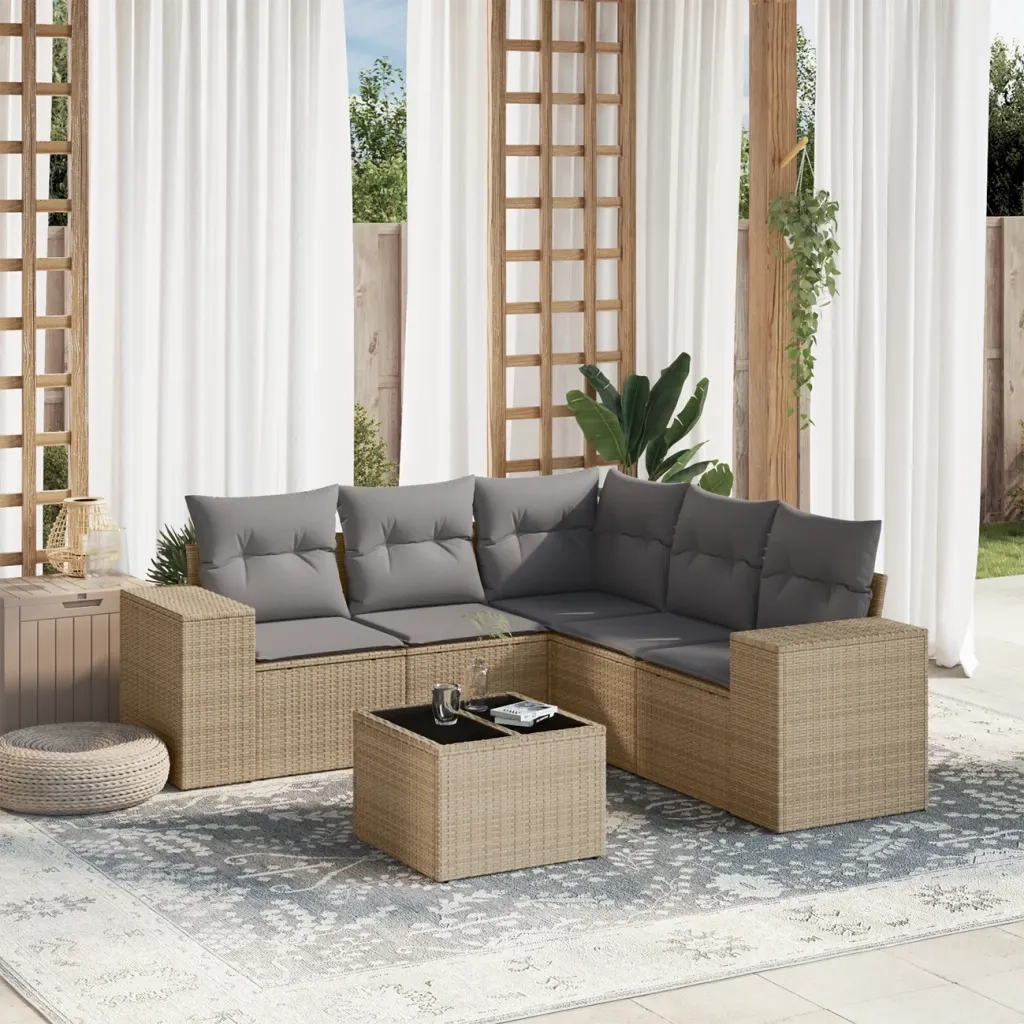 Set Divano da Giardino 6 pz con Cuscini Beige in Polyrattan