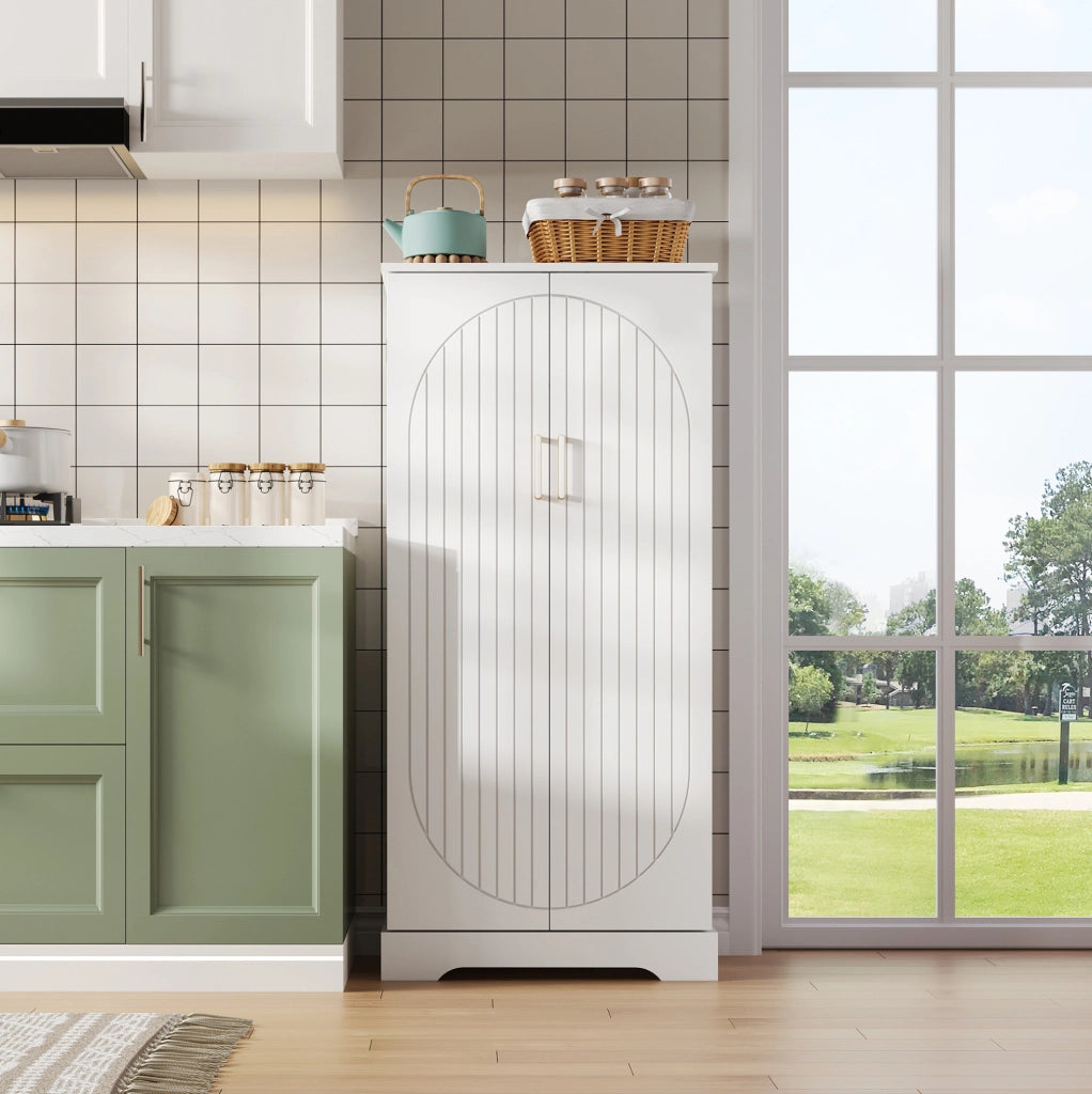 Credenza da cucina 60x35x128 cm bianca in PB e MDF con luce LED USB e ripiani regolabili