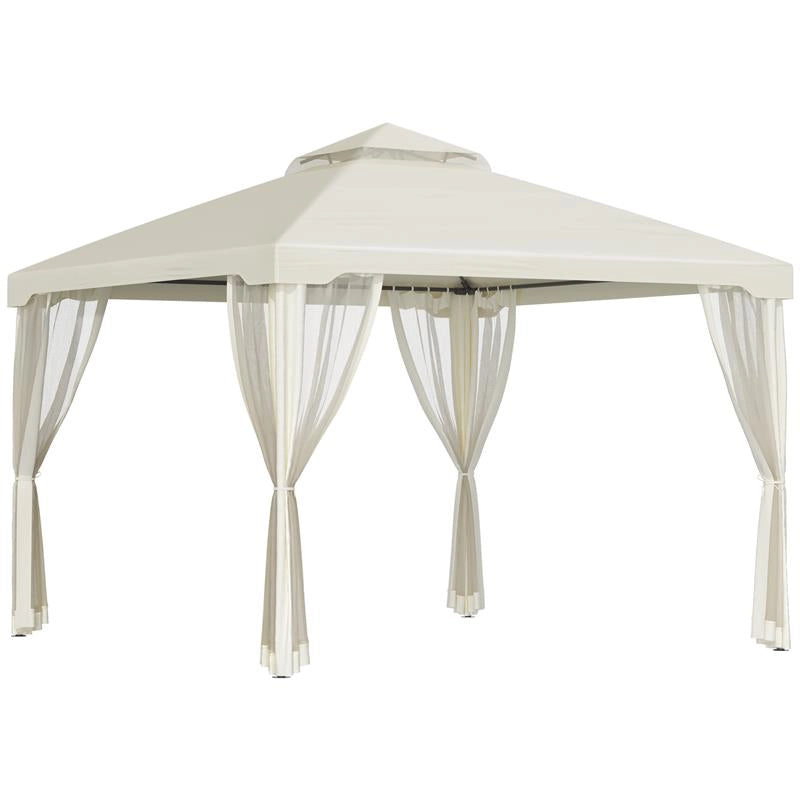 GAZEBO DA GIARDINO CON PALETTI E CORDE DOPPIO TETTO ZANZARIERA PARETI LATERALI BEIGE 294 X 294 X 263 CM