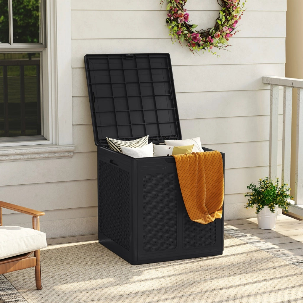 Cassapanca per esterno in plastica resistente a tutte le intemperie per attrezzi da giardino-Contenitore da esterno da 145 L con motivo rattan Nero
