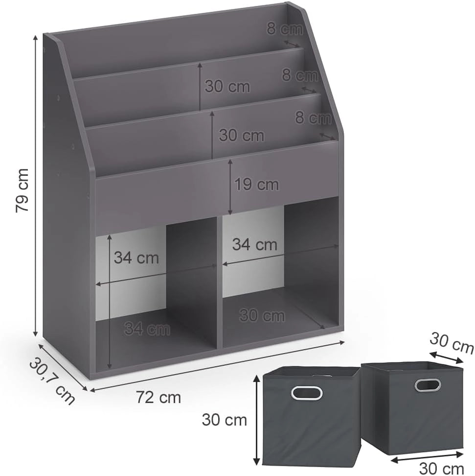 Libreria bambini Luigi, Grigio, 72 x 79 cm con 2 scatole pieghevoli opt.1, combinabile per riporre libri e giocattoli