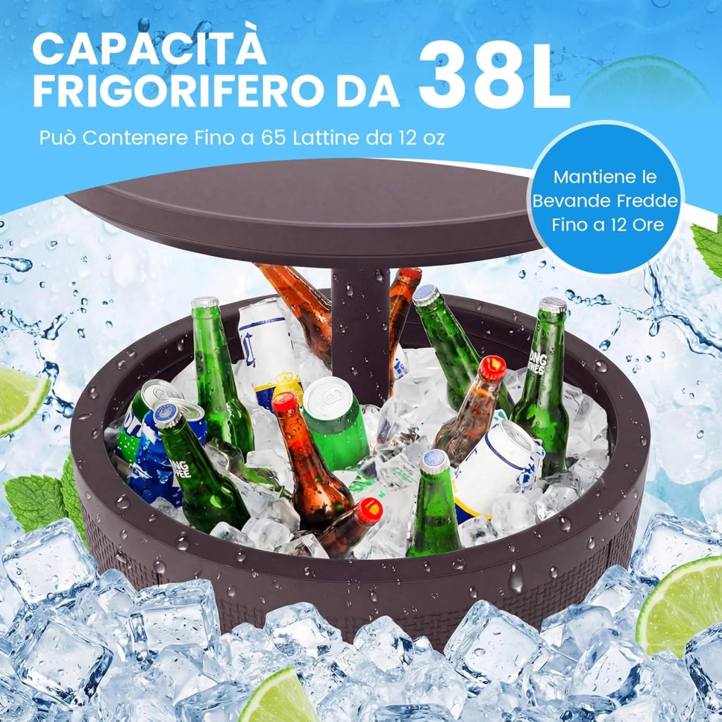 2 in 1 Tavolino Frigo 38L da Esterno, Secchiello Ghiaccio Regolabile in Altezza 49 x 59-84H cm, Tavolo Bar con Tappo di Drenaggio, per Piscina, Cortile e Campeggio (Marrone)
